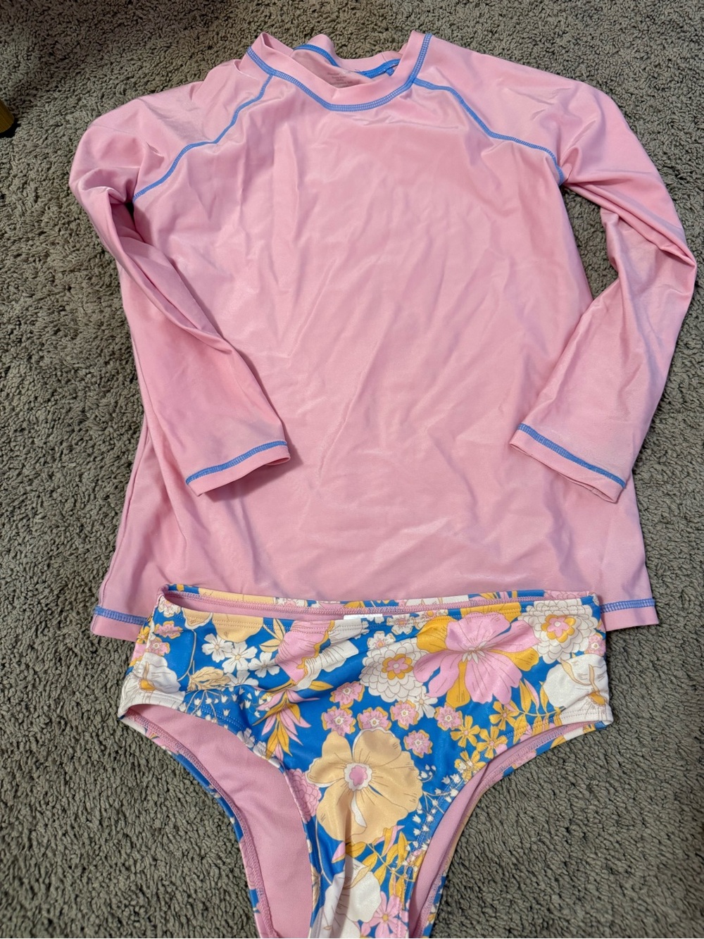 Girls' Pink Long-Sleeve Rashguard Set with Blue Floral Bikini Bottoms